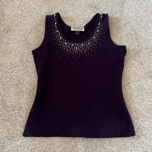Y2K 90s Christine Alexander Cotton Rhinestone Purple Top - Picture 6 of 8